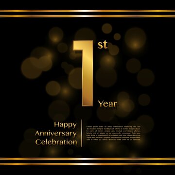 1 year anniversary celebration logotype with gold color and ribbon for booklet, leaflet, magazine, brochure poster, banner, web, invitation or greeting card. Vector illustrations.