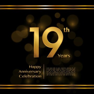 19 years anniversary celebration logotype with gold color and ribbon for booklet, leaflet, magazine, brochure poster, banner, web, invitation or greeting card. Vector illustrations.