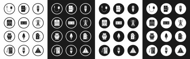 Set LED light bulb, Electrical outlet, Battery in pack, Charger, High voltage power pole line, panel, car charging station and meter icon. Vector