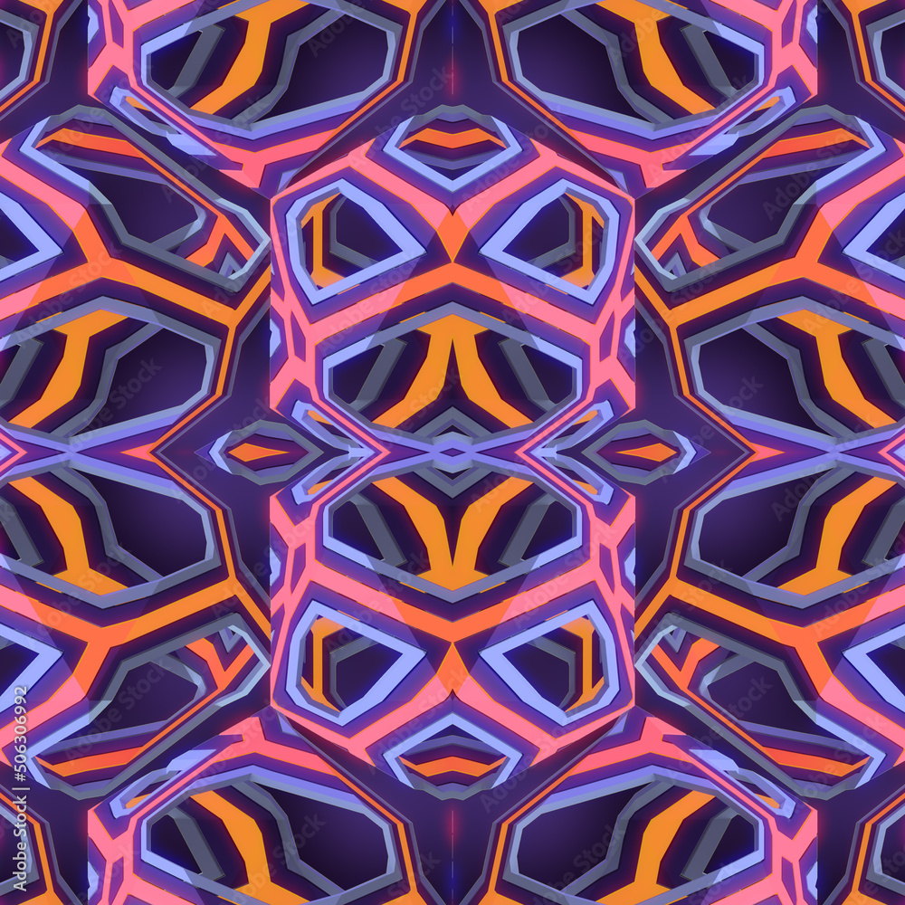 Poster 3d rendering digital illustration of abstract geometric shape with neon colored gradient. Geometric background
