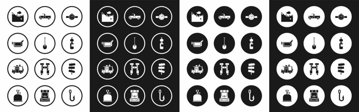 Set Wrist watch, Shovel, Cinema camera, Mountains, Bottle of water, Pickup truck, Road traffic signpost and Rv Camping trailer icon. Vector