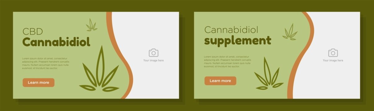 Cannabidiol supplements online banner template set, CBD oil store advertisement, horizontal ad, weed, cannabis healthcare campaign webpage, cannabinoids creative brochure, isolated on background