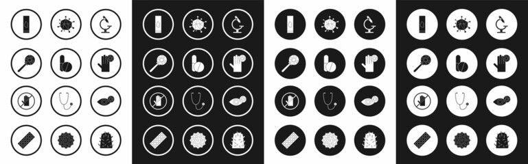 Set Microscope, Medicine pill or tablet, Virus under magnifying glass, Blood test and virus, Hand with, Reddish eye due to and No handshake icon. Vector