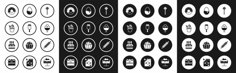 Set Lollipop, Ice cream, in bowl, Donut, Chocolate egg, Candy and Cake with burning candles icon. Vector