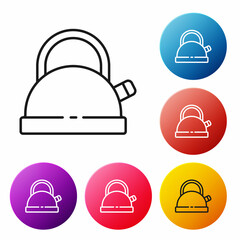 Black line Kettle with handle icon isolated on white background. Teapot icon. Set icons colorful circle buttons. Vector
