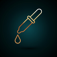 Gold line Pipette icon isolated on dark blue background. Element of medical, chemistry lab equipment. Pipette with drop. Medicine symbol. Vector