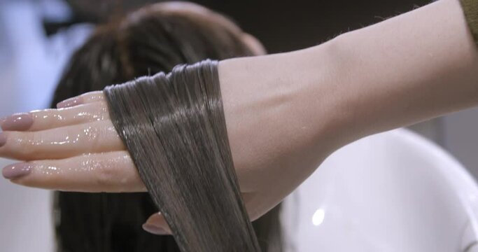 Hairdressing close-up with brunette woman, coloration, cut, brushing