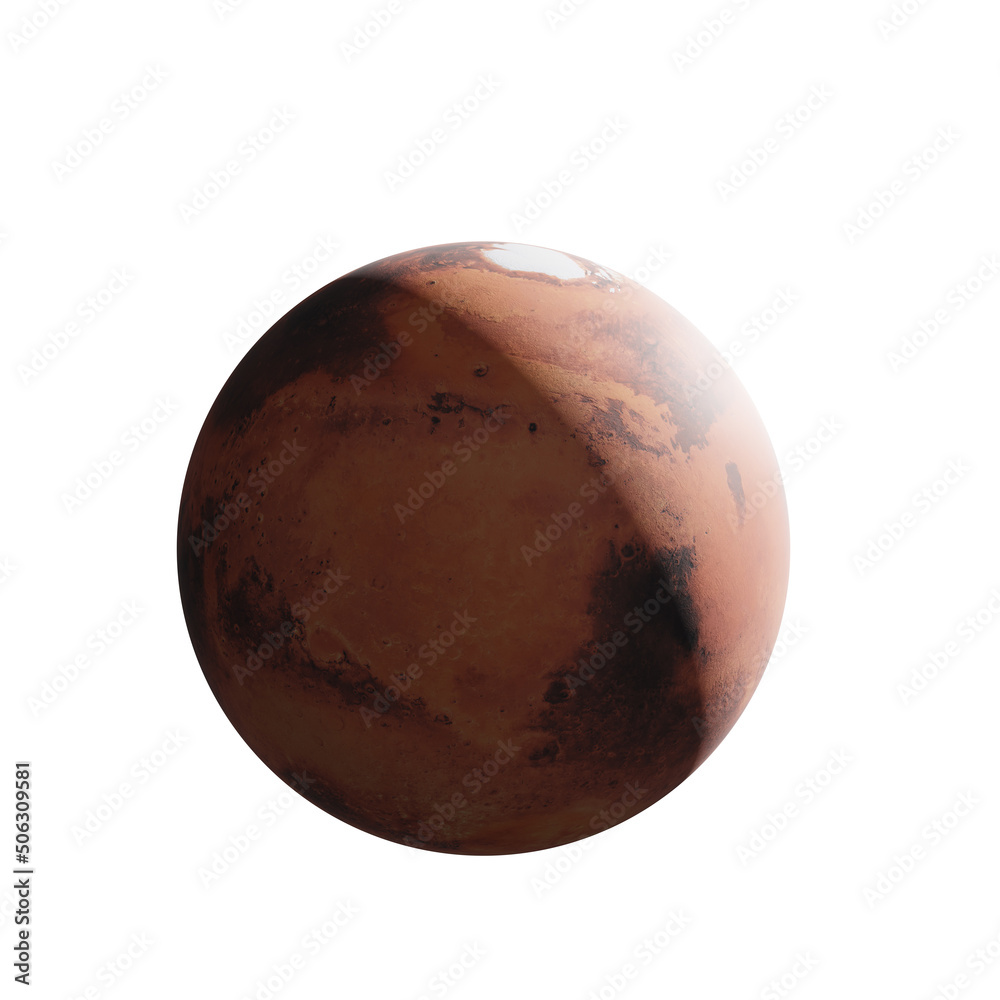 Poster high resolution planet mars of solar system with sun cast shadow 3d render isolated on white backgro