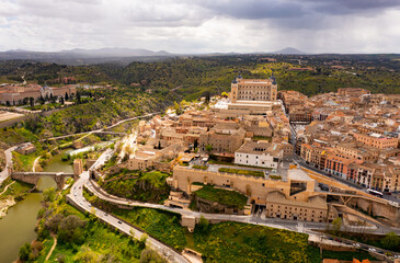 View from drone of old houses of Toledo city, capital of province of Toledo in central Spain