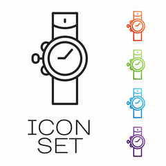 Black line Wrist watch icon isolated on white background. Wristwatch icon. Set icons colorful. Vector