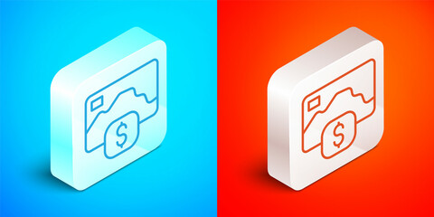 Isometric line Credit card icon isolated on blue and red background. Online payment. Cash withdrawal. Financial operations. Shopping sign. Silver square button. Vector