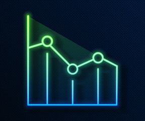 Glowing neon line Pie chart infographic icon isolated on blue background. Diagram chart sign. Vector