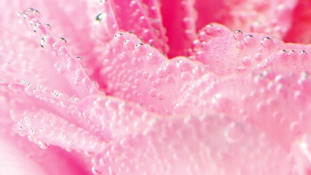Pretty pink rose flower with air bubbles like small drops on petals. Stock footage. Beautiful flower background with, concept of Valentines Day.