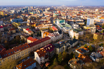 Obraz premium Aerial view of Rzeszow overlooking building of former monastery and Church of Holy Cross, Poland
