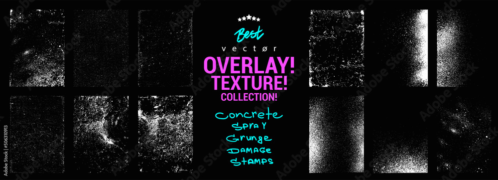 Poster overlays texture in stamps format with effect damage, old, concrete, grunge spray. overlays grainy s