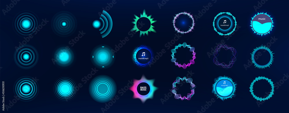Aufkleber voice signal circle elements, set audio equalizer technology, pulse musical, circle sound, voice. ui