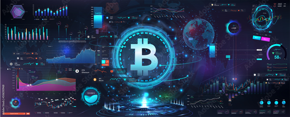 Poster Tools trading platform UI, UX, KIT in HUD style. Futuristic User Interface for the exchange, stock market, trading platforms with stocks and cryptocurrency bitcoin and others. UI, UX, HUD pack. Vector