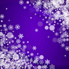 Xmas theme sale with ultraviolet snowflakes. New Year snowy backdrop. Winter border for flyer, gift card, party invite, retail offer and ad. Christmas trendy background. Holiday banner for xmas theme