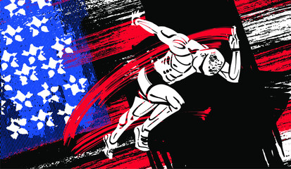 the vector illustration freehand drawn American runner at american flag background 