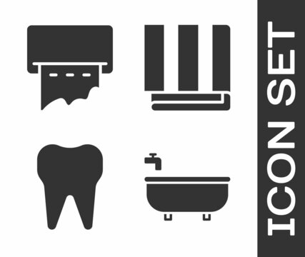 Set Bathtub, Paper towel dispenser on wall, Tooth and Towel stack icon. Vector
