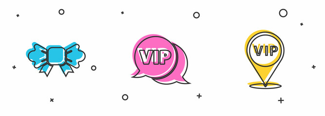 Set Bow tie, Vip in speech bubble and Location icon. Vector