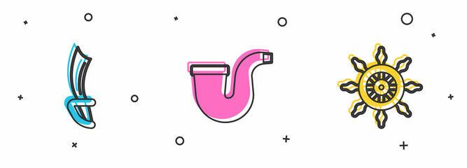 Set Pirate sword, Smoking pipe and Ship steering wheel icon. Vector