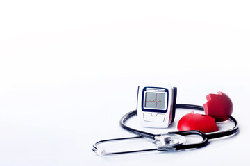 stethoscope, tonometer and destroing heart on white background Time to book a Heart Health Check