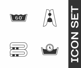 Set Time wash, Temperature, Towel stack and Clothes pin icon. Vector