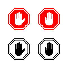 Stop icons vector. stop road sign. hand stop sign and symbol. Do not enter stop red sign with hand