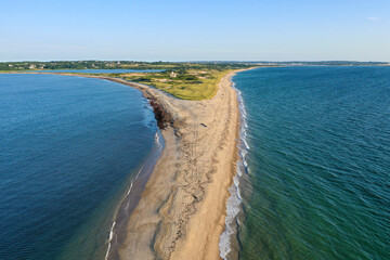 Fototapeta na wymiar Amazing late afternoon summer aerial view of northern tip of Block Island, RI near North Lighthouse.