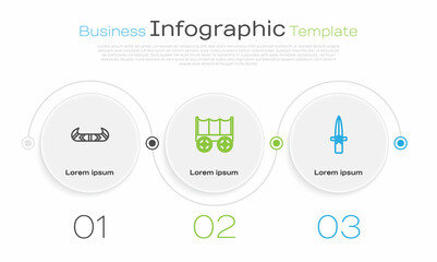 Set line Kayak or canoe and paddle, Wild west covered wagon and Dagger. Business infographic template. Vector
