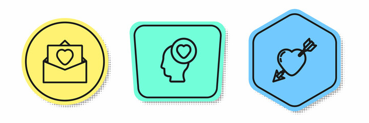 Set line Envelope with Valentine heart, Head and Amour and arrow. Colored shapes. Vector