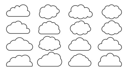Cloud line icon set. Cloudscape sky weather symbol. Heaven sign. Graphic weather symbol clouds icon for text, design web service. Cloud web site app logo design. Vector illustration isolated on white