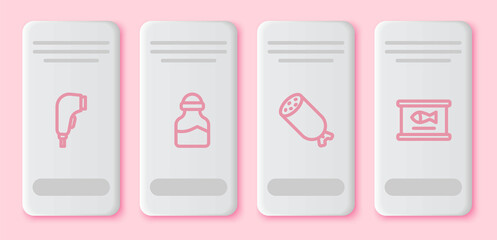 Set line Scanner scanning bar code, Spice, Salami sausage and Canned fish. White rectangle button. Vector