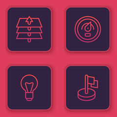 Set line Layers, Light bulb, Digital speed meter and Flag. Blue square button. Vector