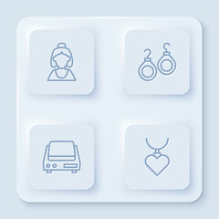 Set line Consultant of jewelry store, Earrings, Electronic scales and Necklace with heart shaped pendant. White square button. Vector