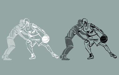 the vector handrawen sketch of the basketball player silhouette in white and black colors - obrazy, fototapety, plakaty
