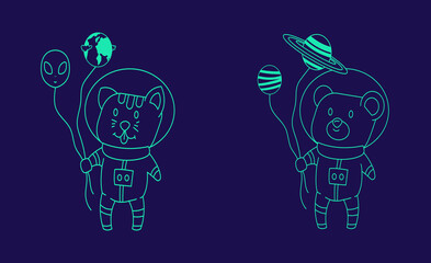 bear and cat in space outlined
