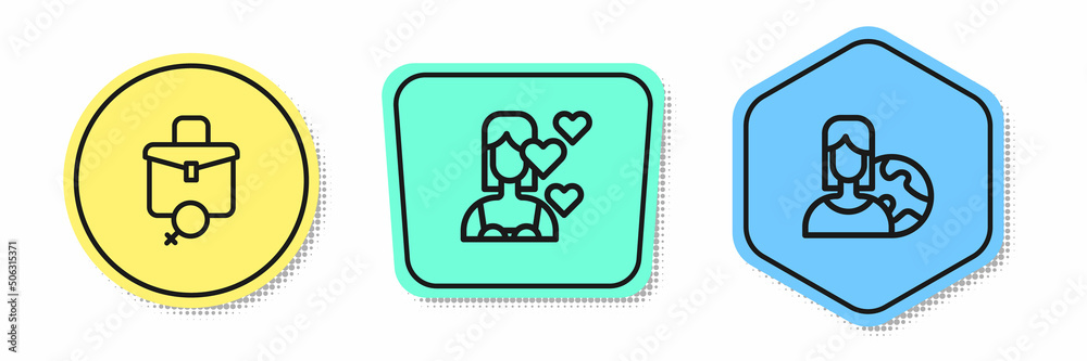 Sticker Set line Work for female, Love yourself and Women from different countries. Colored shapes. Vector