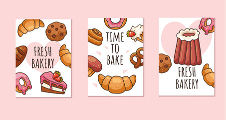 Bakery greeting business cards print cover design concept. Vector flat cartoon graphic design illustration