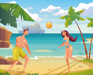 Obraz na płótnie Canvas People man woman characters playing beach volleyball. Resort vacation sport concept. Vector flat cartoon graphic design illustration