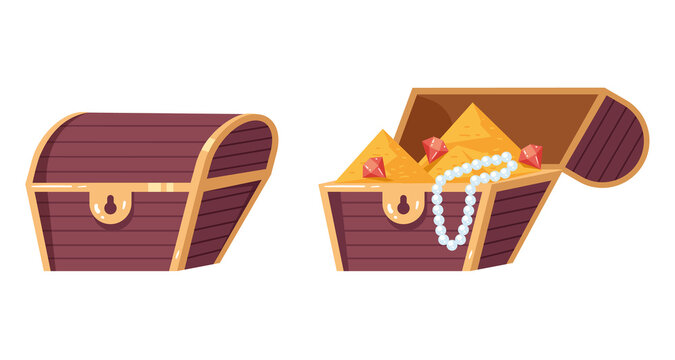 Open and closed pirate chest with treasure jewelry concept. Vector flat cartoon graphic design illustration