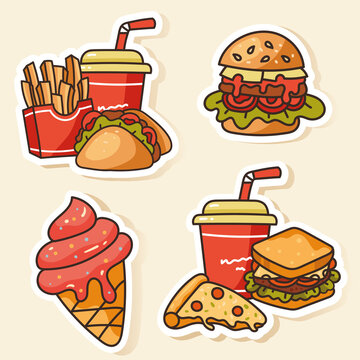 Fast food sticker isolated set collection. Vector flat cartoon graphic design illustration 

