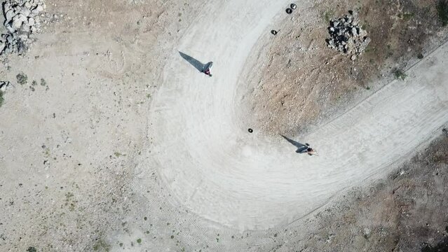 Overhead drone view of the blokarts turning a curve in Bonaire, Dutch Caribbean, South America