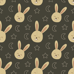 seamless pattern with bunnies, moon, and star