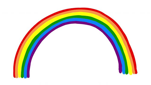 Cartoon rainbow with splashes on a white screen. The concept of children's drawing and positive perception of the world. 2D arc of all colors.