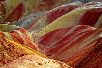 Close up on colorful layers of Zhangye Danxia landform during the sunset. Rainbow mountains, Gansu, China
