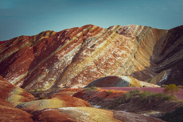 Colorful geological layers of the Chinese rainbow mountains in Zhangye Danxia National park, Gansu, China