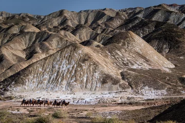 Papier Peint photo Zhangye Danxia Camels caravan getting through Zhangye Danxia Geological park, Gansu, China