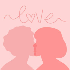 Silhouettes of kissing women. Girls in love. A lesbian couple. Love is love. Postcard, poster. Vector flat illustration